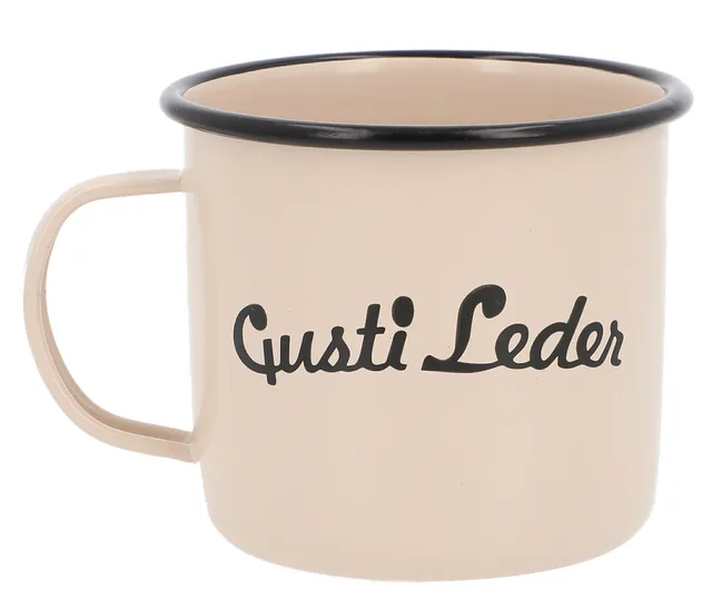 gusti-leder-becher-mildstahl-emaille-wei-mit-logo image 1